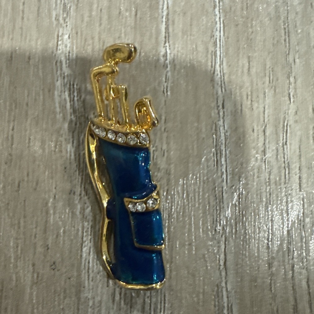 Enamel & Rhinestone GOLF BAG Pin Blue Green Women's Clubs Gold Tone